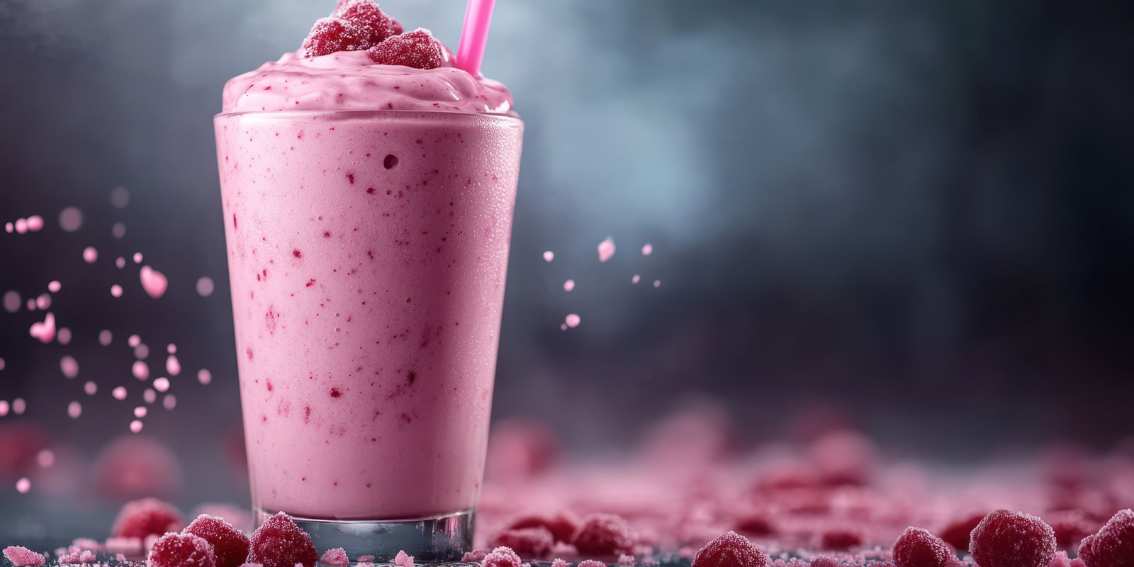 Delicious raspberry smoothie in a glass with fresh raspberries on a dark background